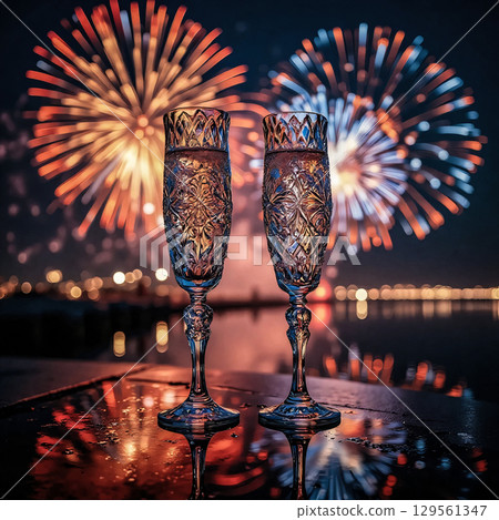 Two crystal glasses of champagne against a backdrop of fireworks. Two crystal champagne glasses filled with sparkling wine are set against the backdrop of a spectacular colorful fireworks display expl Two crystal glasses of champagne against a backdrop of fireworks. Two crystal champagne glasses filled with sparkling wine are set against the backdrop of a spectacular colorful fireworks display expl 129561347