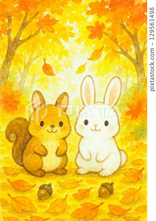一隻兔子和一隻松鼠在秋天的森林裡相遇 129561498
