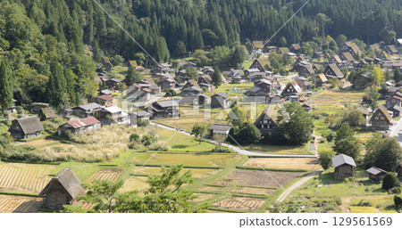 Shirakawa-go in early autumn as seen from the castle ruins observation deck Shirakawa-go in early autumn as seen from the castle ruins observation deck 129561569