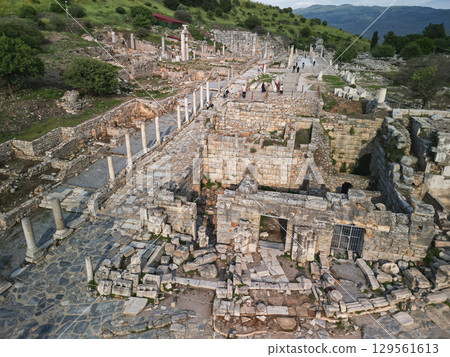 Aerial view along marble avenue and ruins of the upper city in ephesus, Turkey Aerial view along marble avenue and ruins of the upper city in ephesus, Turkey 129561613