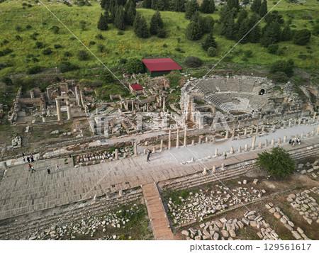 Aerial view of small theatre and colonnaded street in ancient ephesus, Turkey 129561617