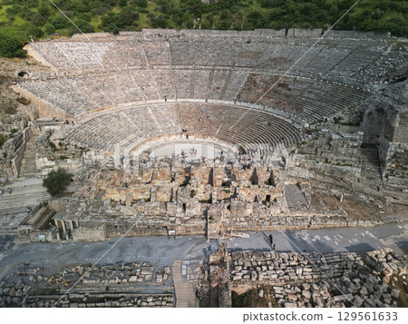 Massive great theatre cavea and stage ruins of Ephesus under hills, Turkey 129561633