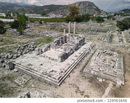 Ancient marble temple platform and three columns at Didyma in Aydin, Turkey Ancient marble temple platform and three columns at Didyma in Aydin, Turkey 129561648