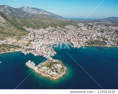 Protected bay surrounded by traditional Mediterranean hillside town Turkey Protected bay surrounded by traditional Mediterranean hillside town Turkey 129561656