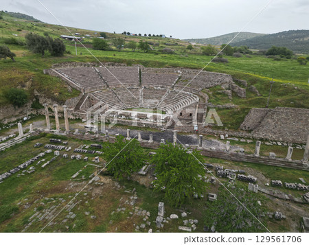 Aerial view of historic amphitheater ruins in ancient Pergamon Turkey Aerial view of historic amphitheater ruins in ancient Pergamon Turkey 129561706