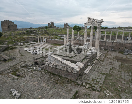 Aerial view of ancient Pergamon Acropolis ruins in Bergama Turkey with columns Aerial view of ancient Pergamon Acropolis ruins in Bergama Turkey with columns 129561765