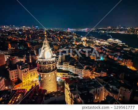 Aerial view of Galata Tower and Bosphorus skyline in Istanbul, Turkiye 129561777