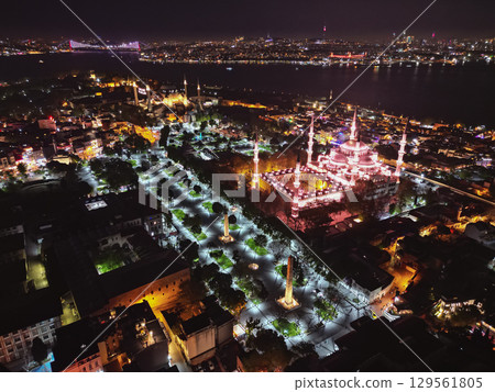 Illuminated Sultanahmet Square with obelisks and Blue Mosque at night. Istanbul 129561805