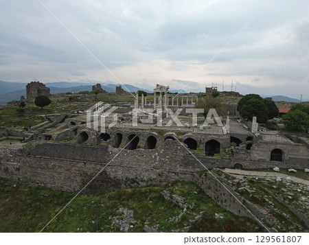 Ancient Pergamon Acropolis ruins in Bergama Turkey with stone structures 129561807
