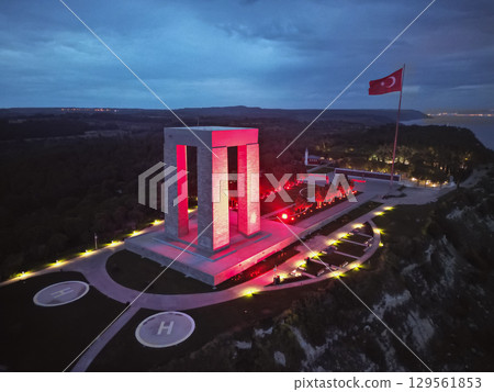 Aerial view of Canakkale Martyrs Memorial illuminated at night in Turkiye 129561853