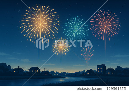 Fireworks and cityscapes illuminating the summer night sky 129561855
