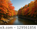 Beautiful autumn scenery along the river surrounded by autumn leaves 129561856