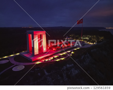 Aerial view of red illuminated Canakkale Martyrs Memorial at nighttime 129561859