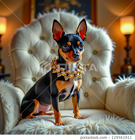 A pet in luxurious conditions. The Chihuahua is adorned with a large, ornate gold necklace studded with precious stones. A pet in luxurious conditions. The Chihuahua is adorned with a large, ornate gold necklace studded with precious stones. 129561911