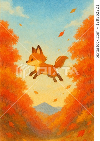 一隻小狐狸在秋日的天空中跳躍 129562221