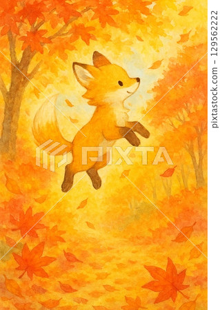 一隻活潑的小狐狸在秋天的森林裡跳躍 一隻活潑的小狐狸在秋天的森林裡跳躍 129562222