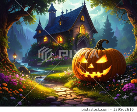 Halloween pumpkin and old castle 129562616