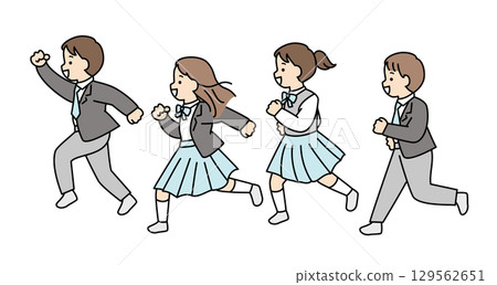 Students running in uniforms, men and women, uniforms, profile, school, whole body Students running in uniforms, men and women, uniforms, profile, school, whole body 129562651