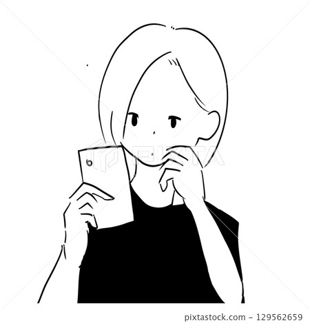 Monochrome illustration of a woman looking at her smartphone while resting her chin on her hand Monochrome illustration of a woman looking at her smartphone while resting her chin on her hand 129562659