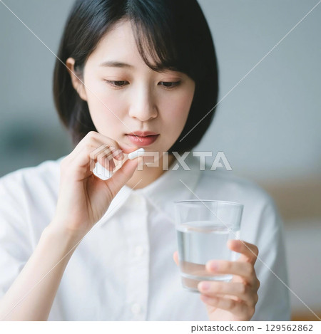 一名日本婦女拿起藥準備服用 129562862