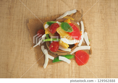 top view of dried fruits in a container  129562888