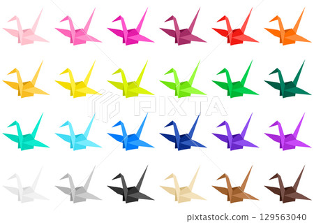 Simple illustration of a paper crane. Colorful origami paper set of 24 colors. 129563040