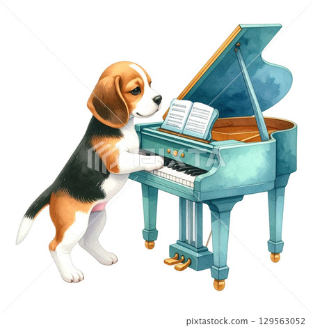 比格犬小狗彈奏玩具三角鋼琴 1 / 傳單和海報材料 129563052