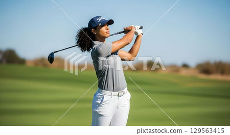 Woman playing golf with pleasure 5 AI-generated image 129563415