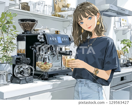 一位女士在假日下午製作咖啡館風格的飲料 129563427