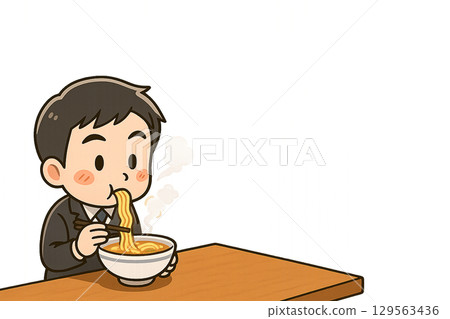 Illustration of a miniature male customer eating hot ramen while letting it cool 129563436
