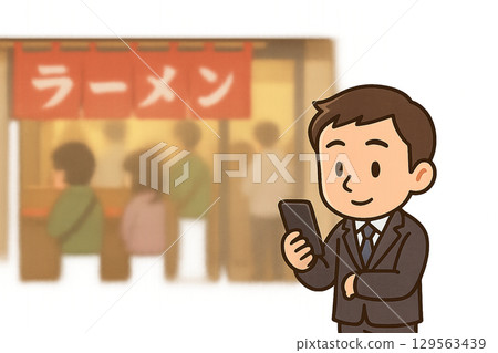 Illustration of a miniature male customer operating a smartphone while waiting in line 129563439