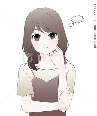 A woman thinking with her hand on her cheek, upper body, simple 129563491