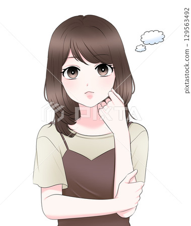 一位女士的上半身，用手托著臉頰思考 129563492