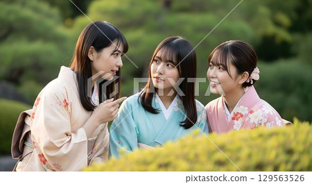 Japanese women in kimonos chatting in a Japanese garden - AI-generated image 129563526