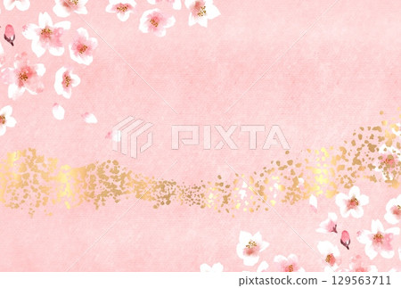 Pink Japanese-style background material with cherry blossoms and gold leaf, evoking a spring-like celebration Pink Japanese-style background material with cherry blossoms and gold leaf, evoking a spring-like celebration 129563711