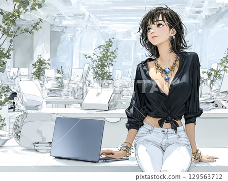 An intelligent smiling businesswoman in casual office wear, sitting at a desk with a laptop computer beside her 129563712