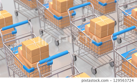 The Shopping cart and cardboard box for Delivery or sale concept 3d Rendering. 129563724