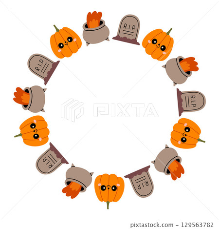 Simple Halloween circle frame. Cute Halloween frame border on white background. The round vector design with soft colors, perfect for spooky autumn decorations, banners, stickers, ads, sale. Simple Halloween circle frame. Cute Halloween frame border on white background. The round vector design with soft colors, perfect for spooky autumn decorations, banners, stickers, ads, sale. 129563782