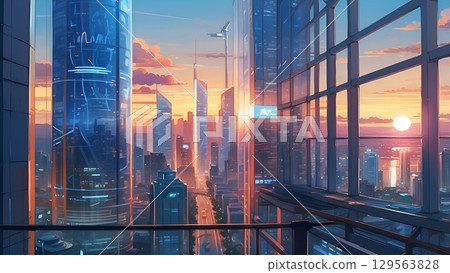 Game background: Panoramic view from a high floor of a tower apartment building with a view of the morning sun and skyscrapers 129563828
