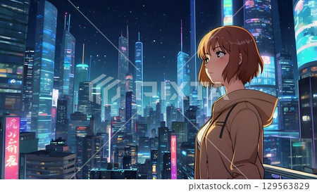 Game background: A scene of a girl in her late teens in the city of Akihabara at night 129563829