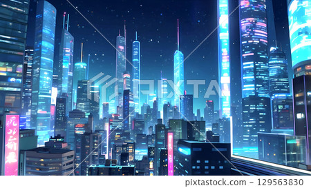 Game background: A blue neon night cityscape panorama inspired by Akihabara 129563830