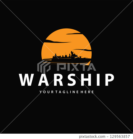 Warship logo design concept black silhouette of ocean liner with heavy weapons design as illustration of poster template or product brand 129563857