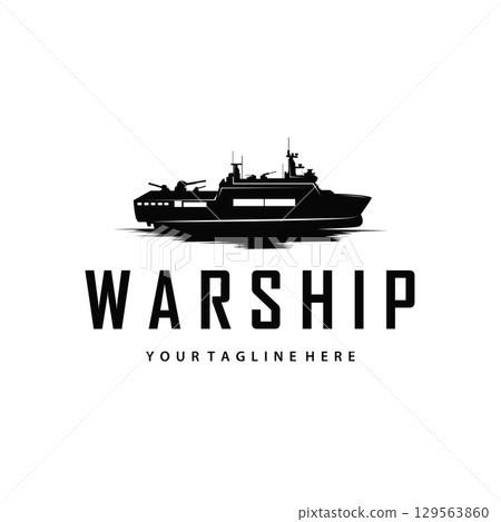Warship logo design concept black silhouette of ocean liner with heavy weapons design as illustration of poster template or product brand 129563860
