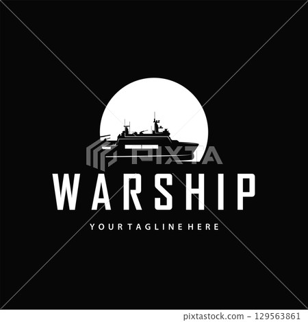 Warship logo design concept black silhouette of ocean liner with heavy weapons design as illustration of poster template or product brand 129563861