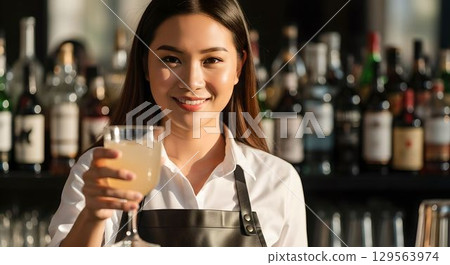 微笑的女調酒師調製雞尾酒 2 AI 生成的圖像 129563974