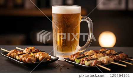 AI-generated image of a mug of draft beer and delicious-looking yakitori AI-generated image of a mug of draft beer and delicious-looking yakitori 129564191