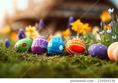 Easter eggs on the meadow with fresh green grass. Concept of the Easter celebration. 129564236