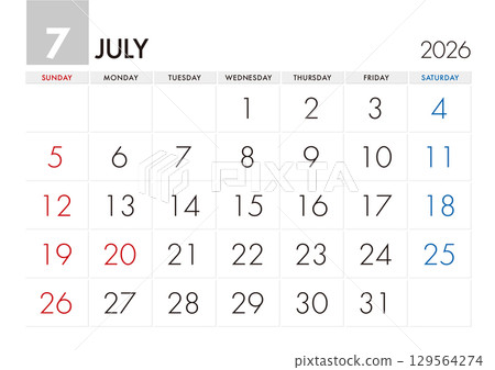 2026 年 7 月曆從星期日開始 129564274