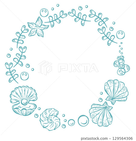 Doodle wreath of shells, pearls, seaweed and bubbles. Frame on the theme of sea vacation. Vector illustration 129564306