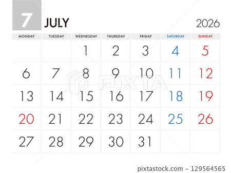 2026 年 7 月曆從星期一開始 129564565